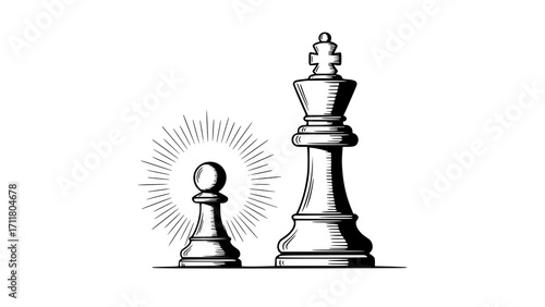 Small pawn and large king chess pieces