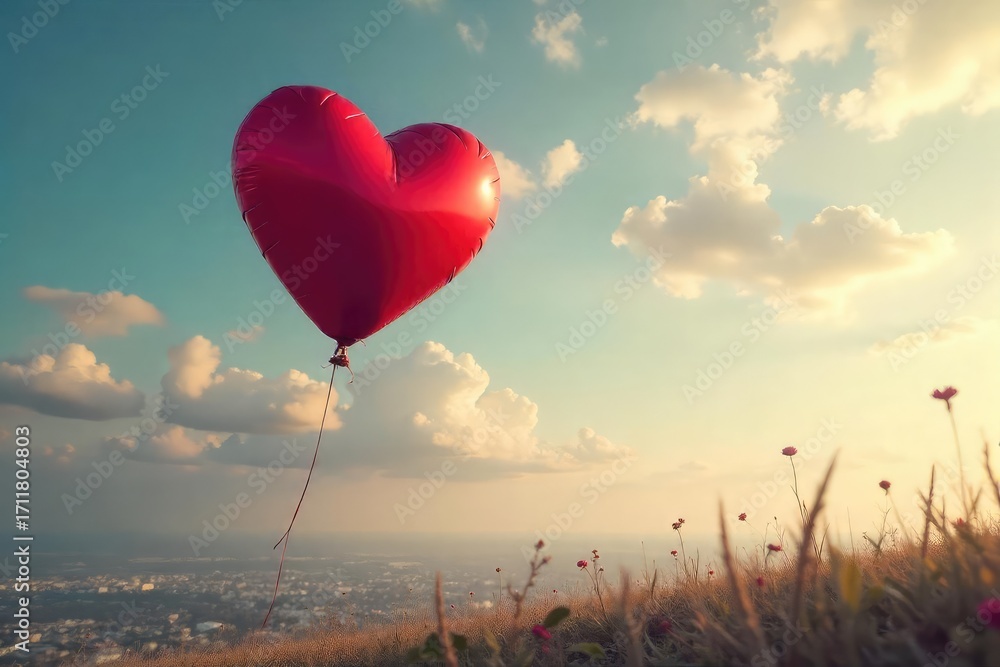 Fototapeta premium A single heart-shaped balloon floats away, symbolizing lost love and bittersweet solitude; a poignant image of unrequited affection and longing for connection , heart, wish