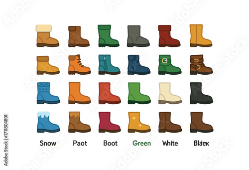 colorful flat vector icons Snow Boots (Types) fur boot leather boot rubber boot felt boot knit boot tall boot short boot lace boot zip boot slip boot buckle boot strap boot patterned boot.