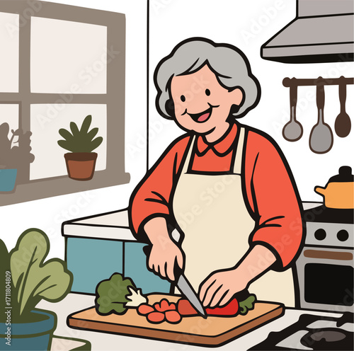Happy Grandma Chopping Vegetables in Bright Kitchen – Cartoon Vector Illustration of Elderly Woman Cooking