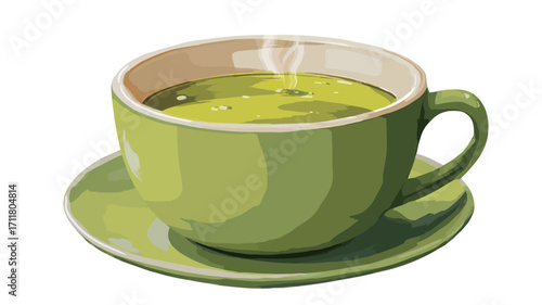 A digital illustration depicts a light green mug filled with steaming green tea, resting on a matching saucer. The style is vector art, with smooth gradients and a slightly cartoonish rendering of