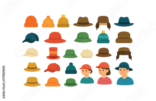 colorful flat vector icons Hats (Types) wool hat knit hat felt hat fur hat leather hat cap hat red hat green hat white hat striped hat patterned hat plain hat tall hat short hat wide hat.