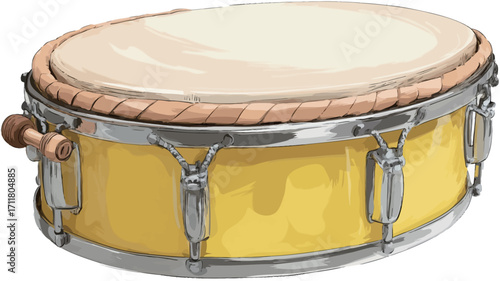 Close-up studio shot of a yellow drum. The drum is cylindrical with a light beige drumhead held in place by a light brown rope wrapped around the rim.  The drum's body is a vibrant yellow with