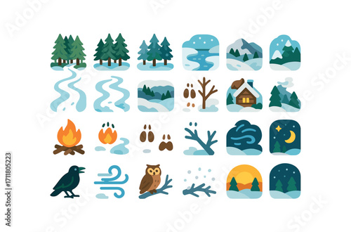 colorful flat vector icons Winter Forest (Scenes) pine trail fir grove spruce stand birch line snow path ice creek pond rocky ridge valley fog hill view ridge view cabin light camp fire.