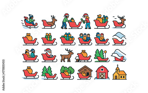 colorful flat vector icons Sleighs (Scenes) sleigh riding sleigh pulling sleigh loading sleigh unloading sleigh flying sleigh landing sleigh starting sleigh stopping sleigh carrying gifts.