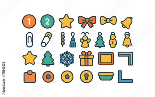 colorful flat vector icons Advent Calendar (Decorations) number tag number disk number star number bell ribbon tie bow tie clip pin hook pin bead string tassel string charm star charm tree.