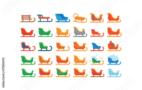 colorful flat vector icons Sleighs (Types) wooden sleigh metal sleigh plastic sleigh rope sleigh painted sleigh carved sleigh red sleigh green sleigh gold sleigh silver sleigh mini sleigh.