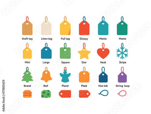 colorful flat vector icons Gift Tags (Types) kraft tag linen tag foil tag glossy tag matte tag mini tag large tag round tag square tag star tag tree tag bell tag angel tag heart tag snow.