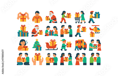 colorful flat vector icons Gifts (Scenes) gift wrapping gift opening gift hiding gift shopping gift carrying gift stacking santa giving kids opening adults opening secret exchange gift.