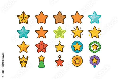 colorful flat vector icons Stars (Decorations) paper star felt star wooden star clay star glass star crystal star plastic star neon star light star glitter star foil star ribbon star bow.