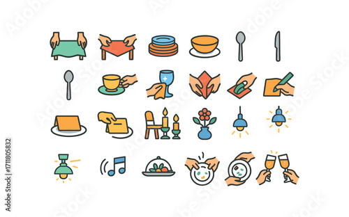 colorful flat vector icons Table Settings (Scenes) cloth laying runner placing plate stacking bowl setting fork left knife right spoon top cup placing glass polishing napkin folding ring.