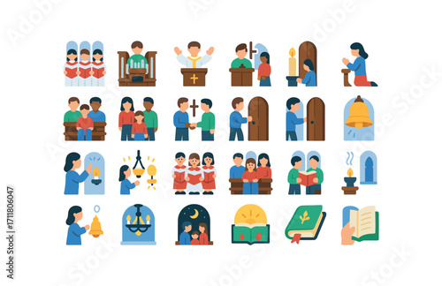 colorful flat vector icons Church Interiors (Scenes) choir singing organ playing lector reading priest blessing candle lighting prayer kneel people seated people standing peace greeting.