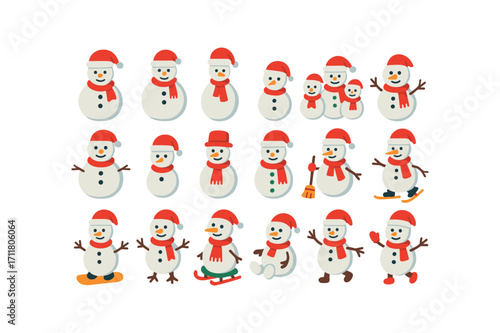 colorful flat vector icons Christmas Snowmen (Types) classic snowman fat snowman tall snowman baby snowman twin snowmen trio snowmen giant snowman mini snowman hat snowman scarf snowman.