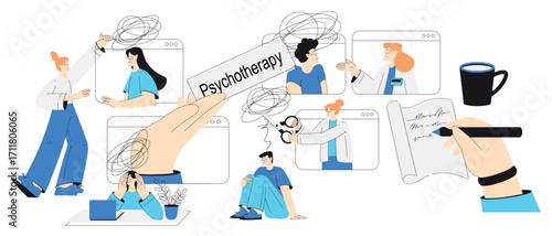 Mental Health with Man and Woman Character with Psychological Disorder Have Doctor Appointment Vector Set
