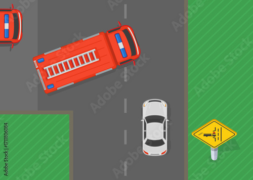 Traffic regulation rules and tips. Fire station area. Top view of a fire truck entering the roadway right in front of a moving car. Flat vector illustration template.