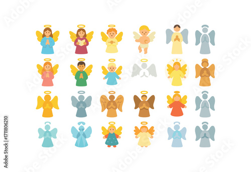 colorful flat vector icons Christmas Angels (Types) guardian angel choir angel child angel baby angel female angel male angel small angel tall angel golden angel silver angel white angel.