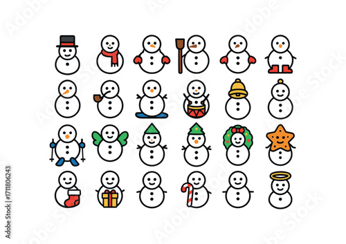 colorful flat vector icons Christmas Snowmen (Decorations) snowman hat snowman scarf snowman gloves snowman boots snowman buttons snowman carrot snowman pipe snowman broom snowman sled.