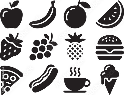 Fresh food icons for healthy eating and fast food