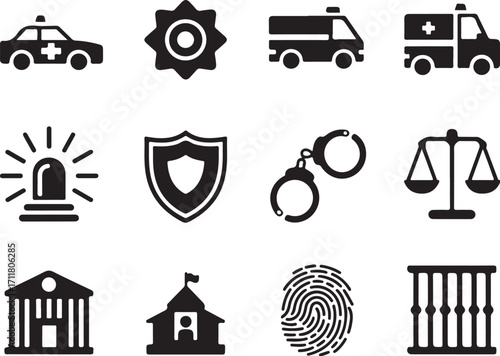 Law justice icons police security emergency legal crime justice