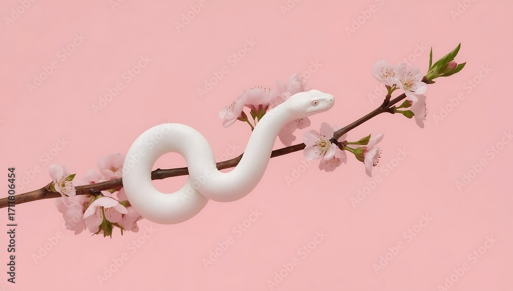 Fototapeta premium White Snake on Cherry Blossom Branch