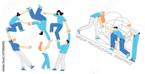 Mental Health with Man and Woman Character in Group Assistance Overcome Psychological Disorder Vector Illustration