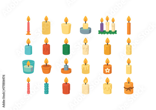 colorful flat vector icons Christmas Candles (Types) taper candle pillar candle votive candle tea light advent candle tall candle short candle red candle green candle white candle gold.
