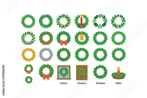 colorful flat vector icons Christmas Wreaths (Types) pine wreath fir wreath holly wreath mistletoe wreath berry wreath ribbon wreath candle wreath snow wreath star wreath angel wreath bell.