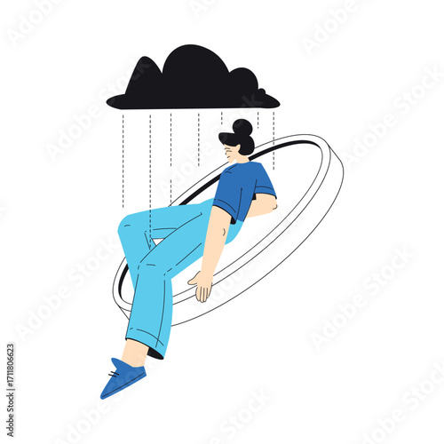 Mental Health with Woman Character with Psychological Disorder Under Rain Cloud on Round Form Vector Illustration