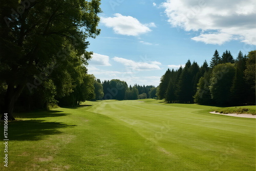 A beautiful golf course with lush green grass and tall trees