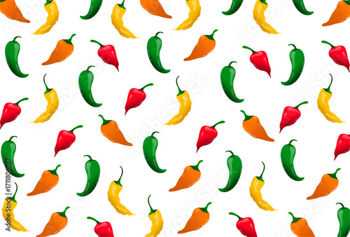 Seamless Pattern background of Red Chili Pepper with Fire Flames. Hot Chilli Taste. Spicy Food. Hand drawn. Vector illustration. Colorful vector pattern with hot peppers.