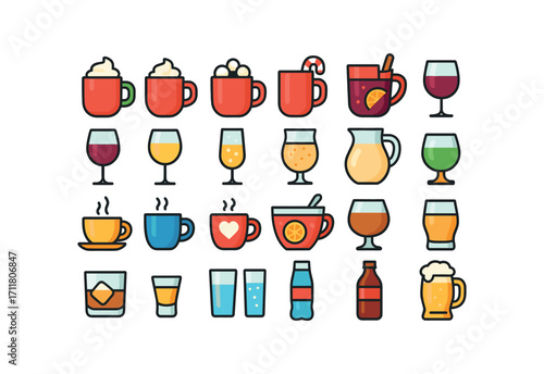 colorful flat vector icons Christmas Food (Drinks) hot chocolate whipped cream marshmallow mug candy cane mug mulled wine red wine white wine champagne glass eggnog glass eggnog jug cider.