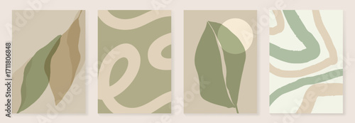 Abstract botanical poster vector set. Leaves, flower in earth tone colors. Illustration design for Eco packaging, interior, cover, wall art, wallpaper.