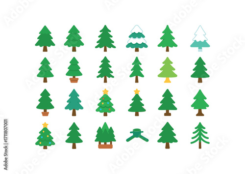 colorful flat vector icons Christmas Trees (Types) pine tree fir tree spruce tree snow covered frosted tips white tree mini tree tabletop tree tall tree slim tree artificial tree real tree.