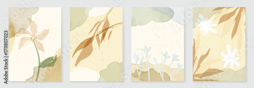 Abstract botanical poster vector set. Leaves, flower in earth tone colors. Illustration design for Eco packaging, interior, cover, wall art, wallpaper.