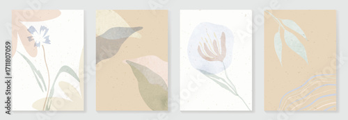 Abstract botanical poster vector set. Leaves, flower in earth tone colors. Illustration design for Eco packaging, interior, cover, wall art, wallpaper.