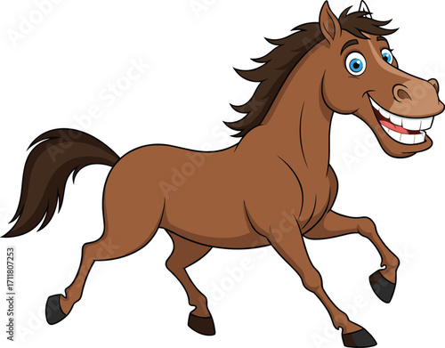 Happy cartoon horse running fast, brown animal character, smiling wild horse illustration, playful equine mascot, joyful farm animal, cheerful horse vector art design