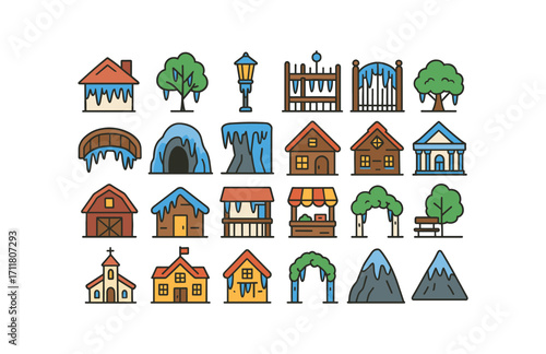 colorful flat vector icons Icicles (Scenes) icicle roof icicle tree icicle lamp icicle fence icicle gate icicle bridge icicle cave icicle cliff icicle cabin icicle lodge icicle barn icicle.