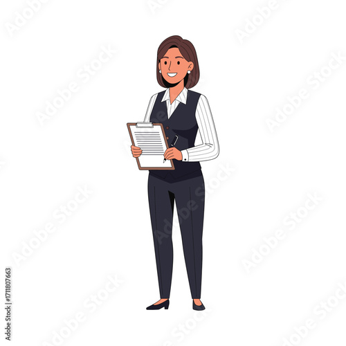 Smiling professional businesswoman standing and holding a clipboard with a pen, ready to take notes or complete tasks