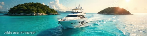 A sun-drenched yacht glides across turquoise waters, surrounded by lush islands under a vibrant summer sky  The epitome of effortless luxury and summer escapism , yacht club, peaceful