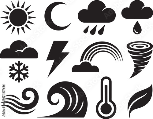 Diverse weather icons for forecasts and climate
