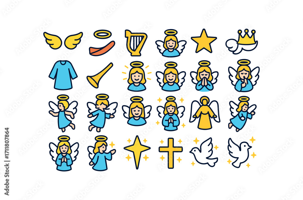 Fototapeta premium colorful flat vector icons Christmas Angels (Symbols) angel wings angel halo angel harp angel trumpet angel star angel crown angel robe angel sash angel light angel glow angel angel pray.