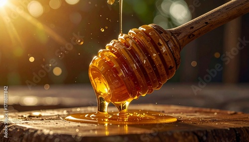 Closeup of golden honey dripping from a wooden dipper with sun flare