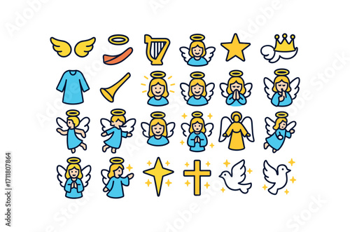 colorful flat vector icons Christmas Angels (Symbols) angel wings angel halo angel harp angel trumpet angel star angel crown angel robe angel sash angel light angel glow angel angel pray.