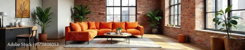 Stylish urban apartment interior with exposed brick walls, large windows, and modern furniture The scene features a minimalist aesthetic with pops of color and natural light , lighting, urban, rug