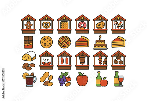 colorful flat vector icons Christmas Markets (Food) gingerbread stall pretzel stall waffle stall pancake stall donut stall candy stall chocolate stall cookie stall pie stall tart stall cake.