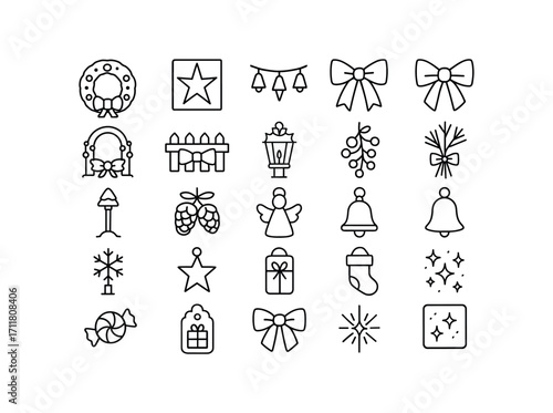 vector outline icons Winter Villages (Decorations) door wreath window star roof lights porch bow gate garland fence ribbon lamp crown bell path marker pinecone bunch berry sprig branch.