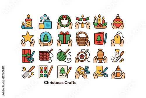 colorful flat vector icons Christmas Crafts (DIY) candle making soap making wreath making garland making centerpiece making ornament making star making snow globe making gift box making.