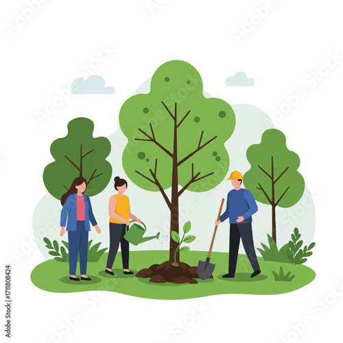 Diverse group of people planting a tree together in a park to promote environmental conservation and growth