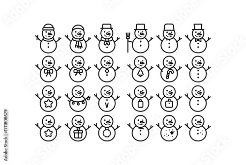 vector outline icons Snowmen (Decorations) coal eyes carrot nose button mouth felt hat wool scarf stick arms broom stick bucket hat top hat bow tie ribbon bow bell charm star charm angel.