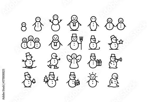 vector outline icons Snowmen (Types) tiny snowman small snowman tall snowman fat snowman slim snowman baby snowman twin snowmen trio snowmen hat snowman scarf snowman broom snowman sled.
